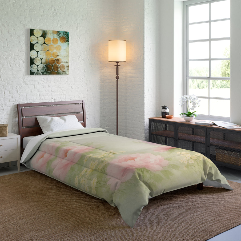 Watercolor Floral Comforter | Pink Peonies, Soft Green Background