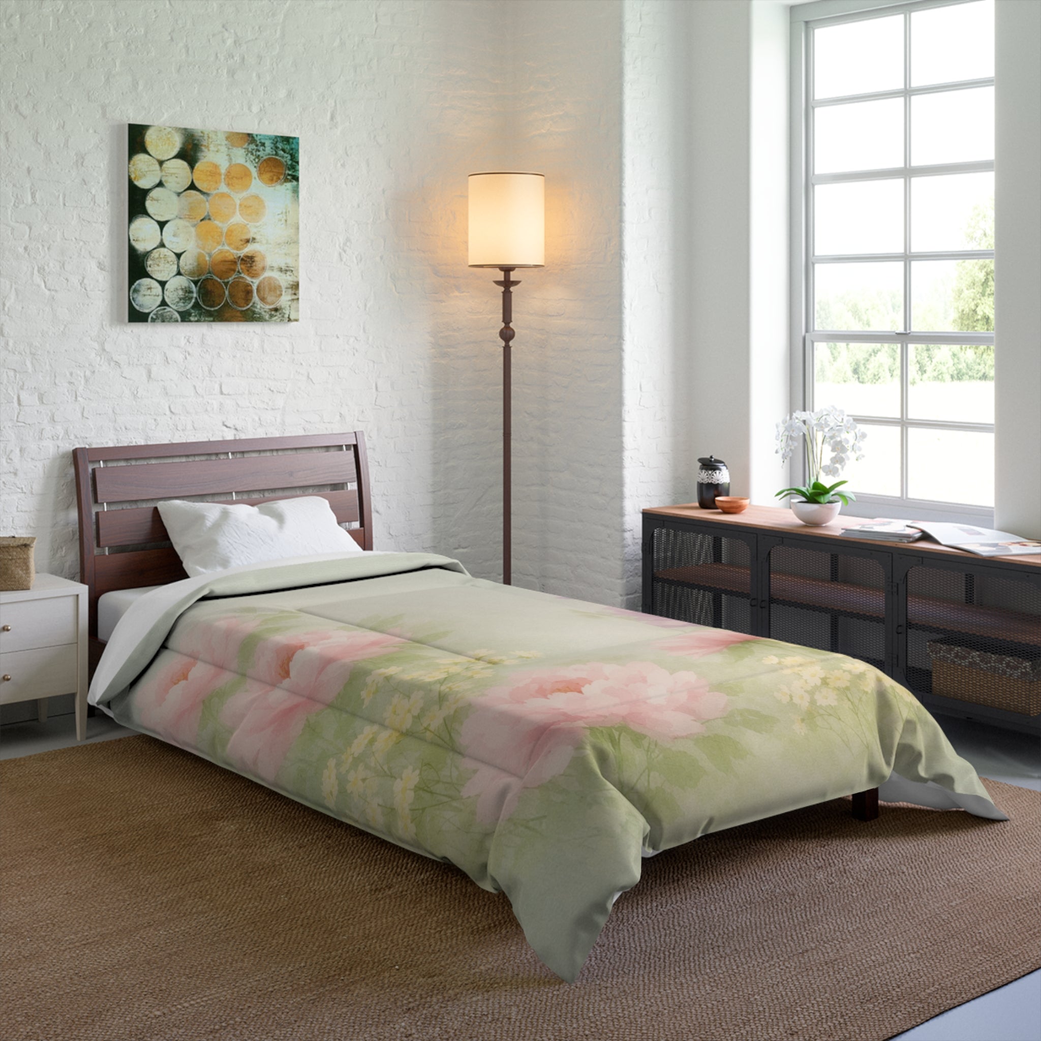 Watercolor Floral Comforter | Pink Peonies, Soft Green Background