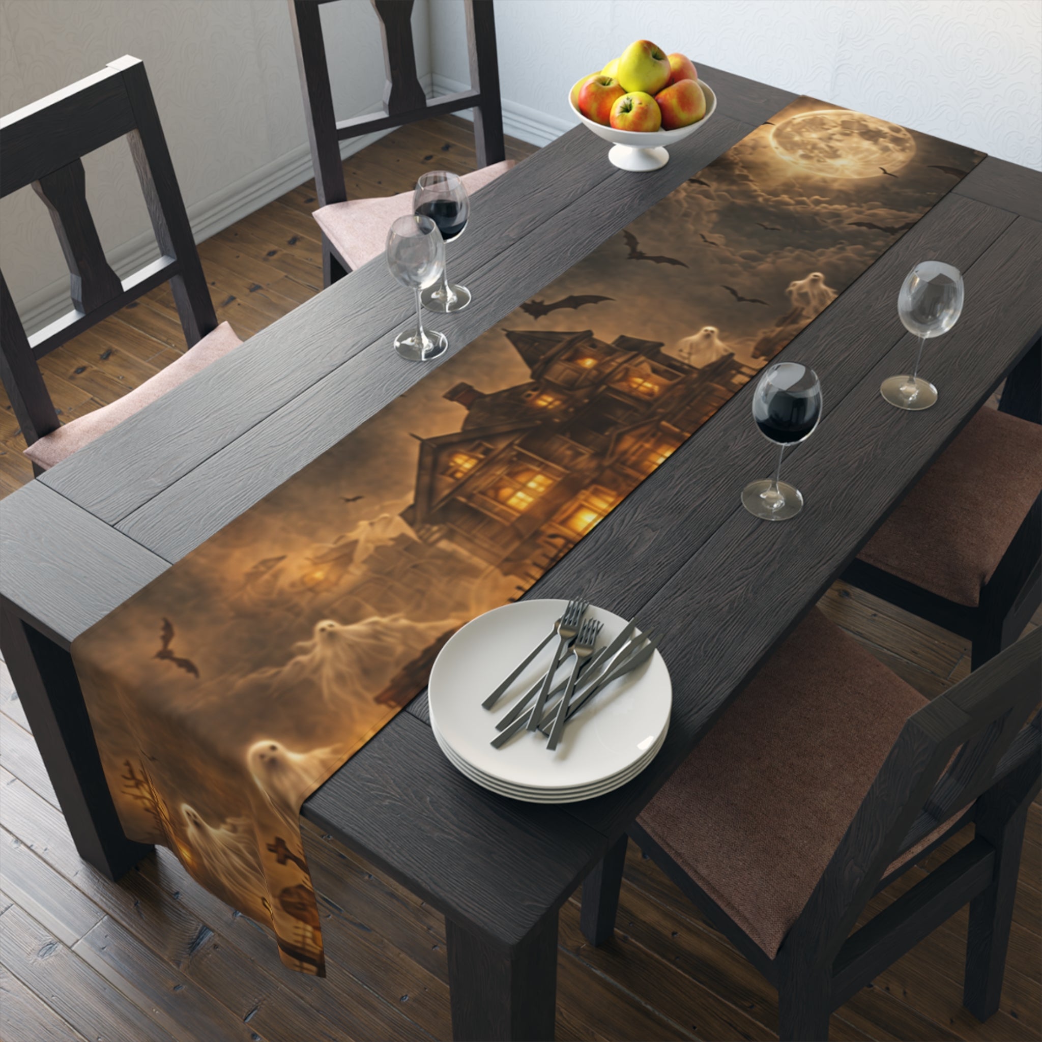 Haunted Victorian House Table Runner | Ghostly Graveyard Halloween