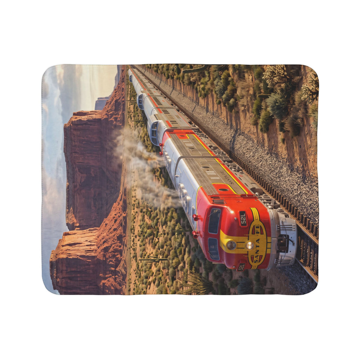 Classic Red Locomotive Fleece Sherpa Blanket | Desert Canyon Train Scene