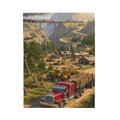 Red Tractor Logging Scene Velveteen Plush Blanket | Quarry Train Illustration