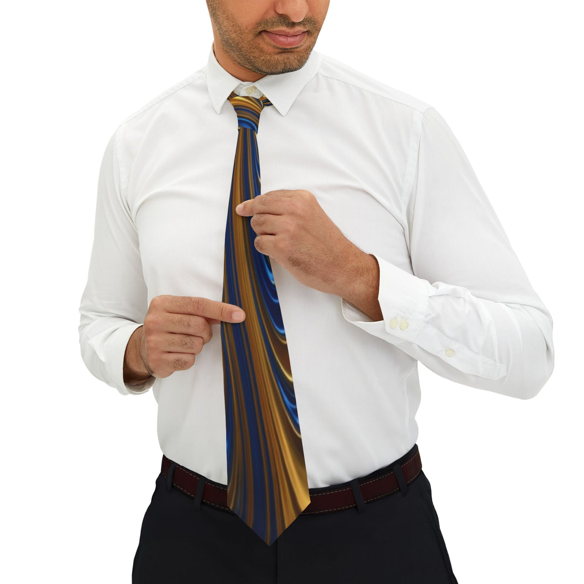 Blue and Gold Marble Pattern Necktie | Swirl Abstract Silk-Style Tie