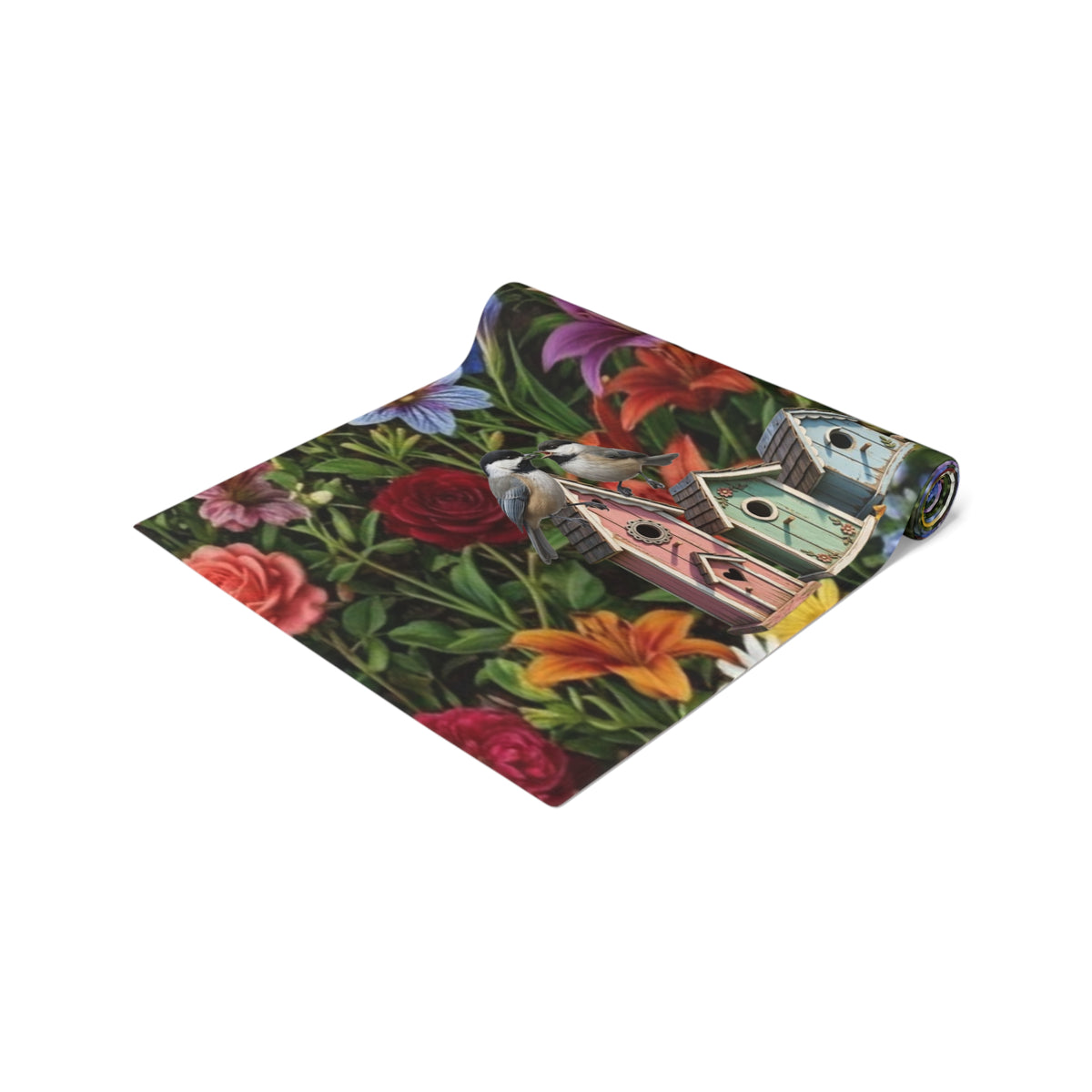 Floral Garden Birds Table Runner | Cottage Garden Birdhouse & Floral Decor