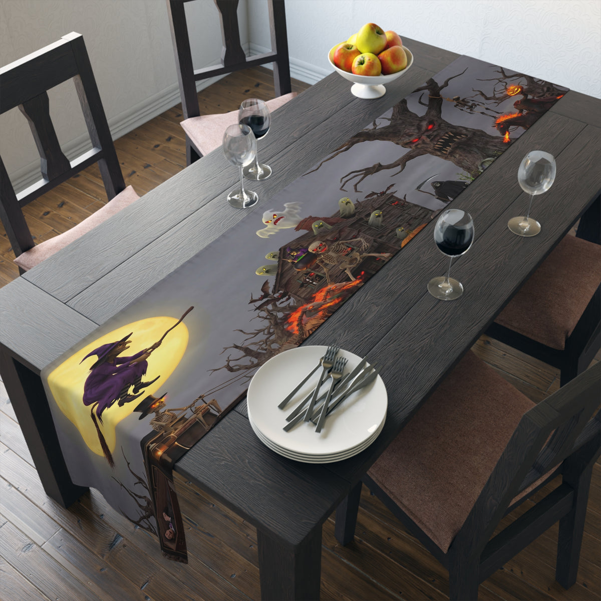 Haunted Halloween Table Runner | Skeleton, Witch, Ghost-Filled Haunted House & Blood Moon