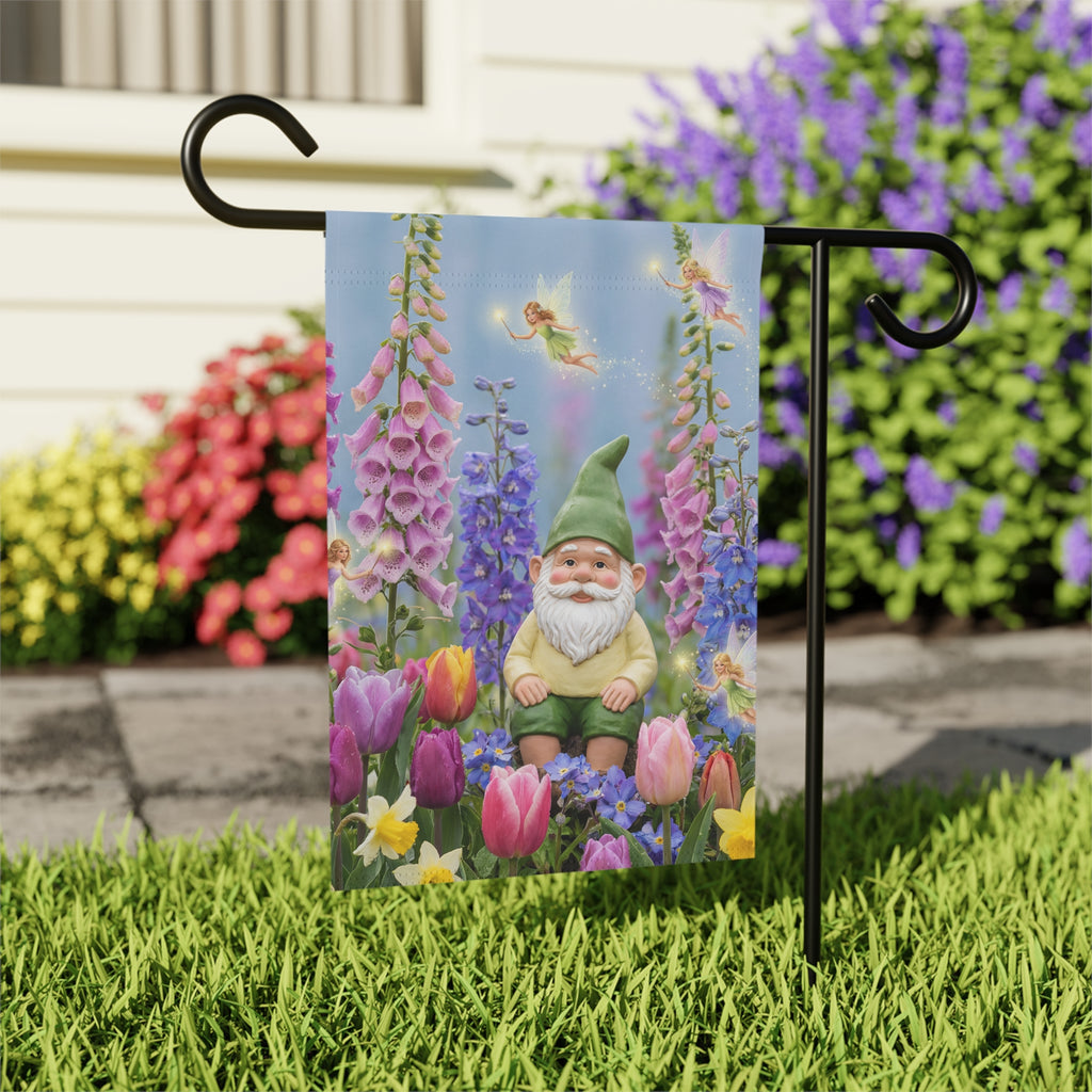Gnome in Tulip Garden Banner | Garden Flag, Spring Floral Yard Decor