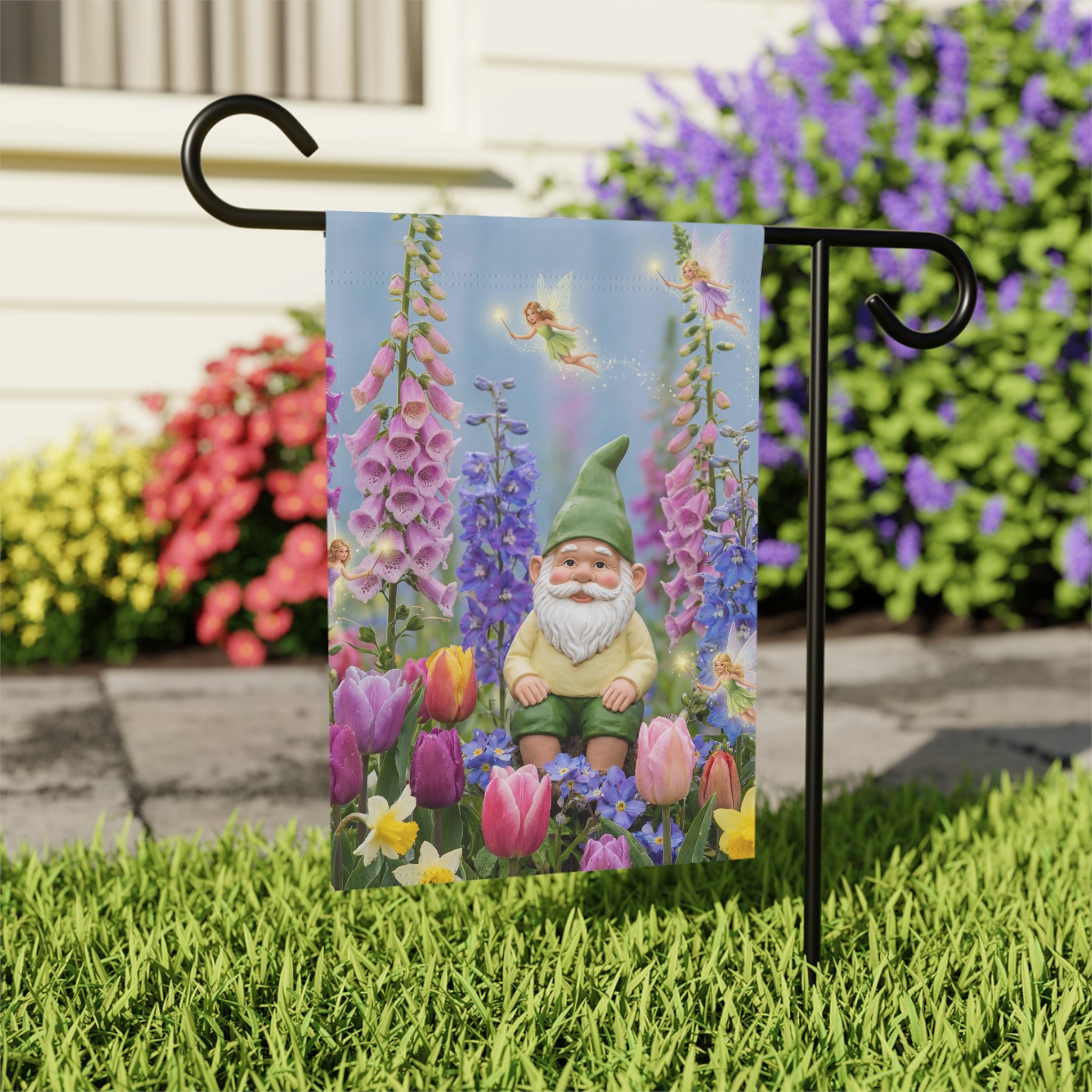 Gnome in Tulip Garden Banner | Garden Flag, Spring Floral Yard Decor