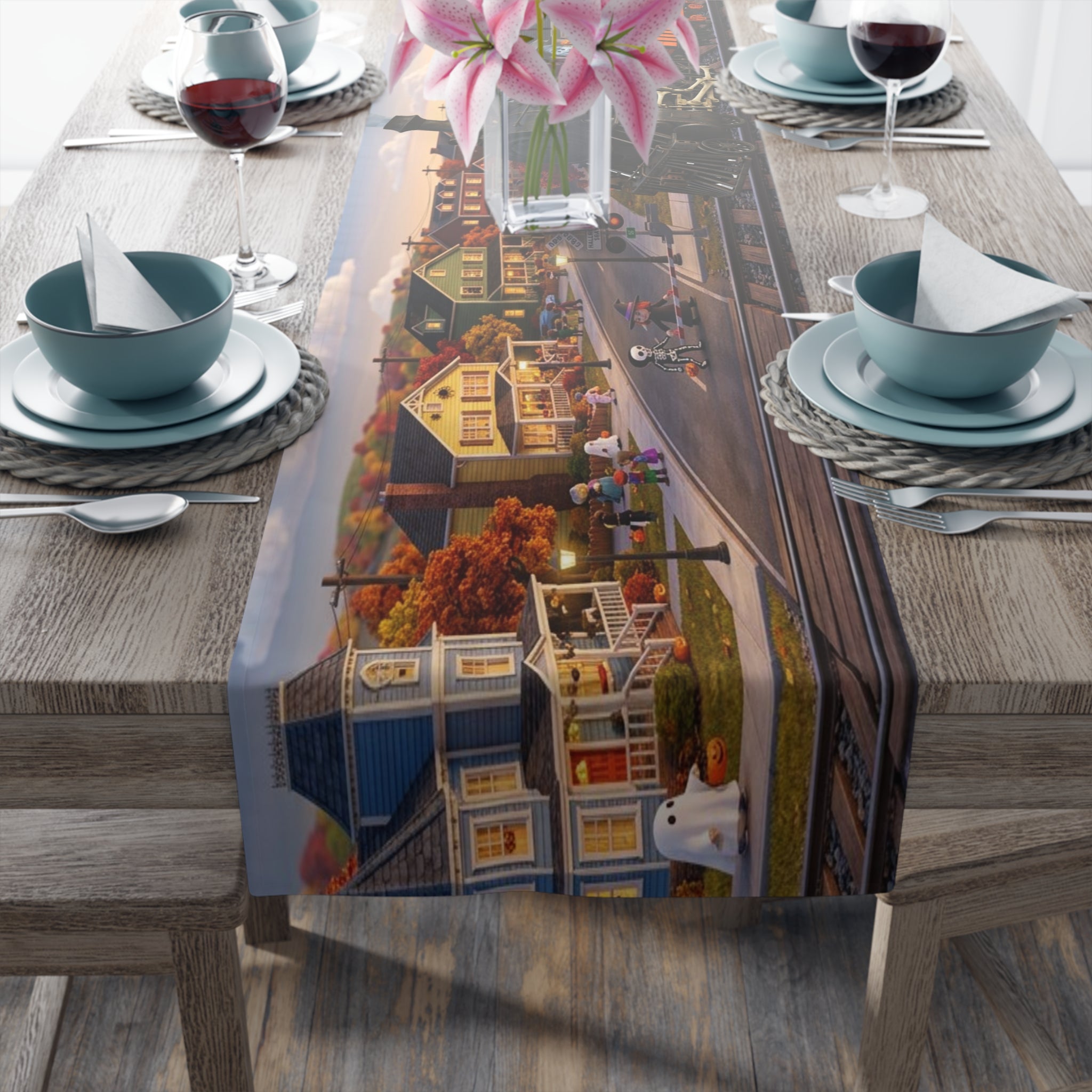 Vintage Steam Train Village Table Runner