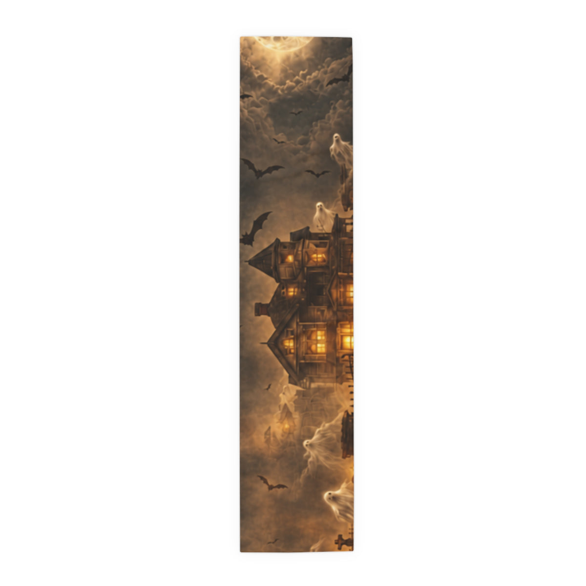 Haunted Victorian House Table Runner | Ghostly Graveyard, Mist & Lone Lit Window – Cotton or Poly