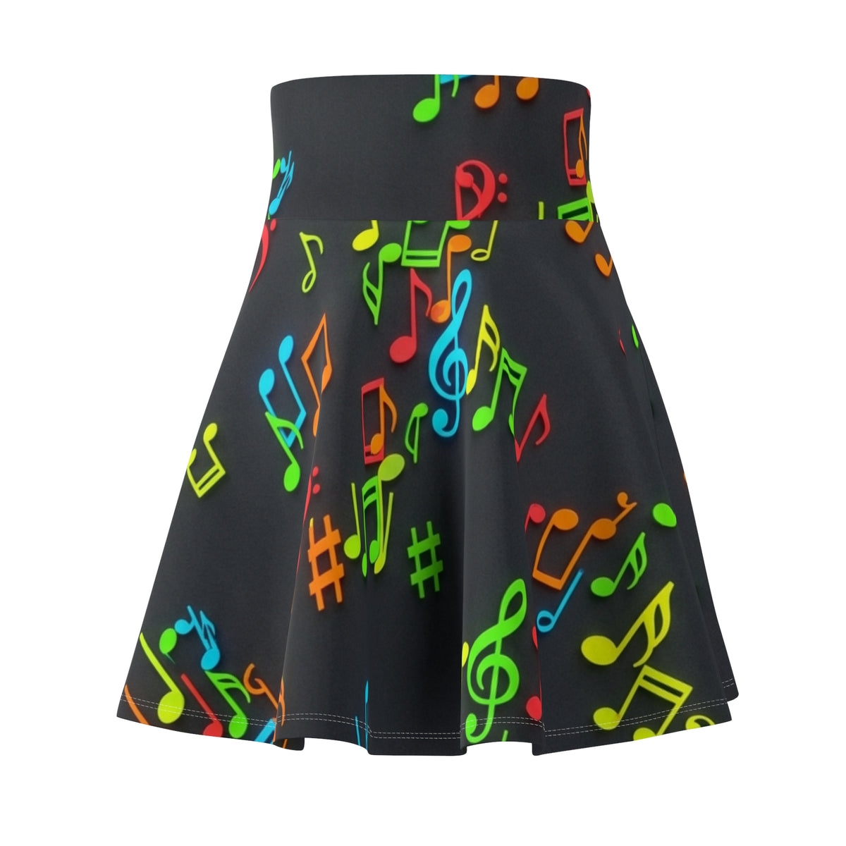 Neon Music Notes Skater Skirt | Musical Note Pattern, Black Background