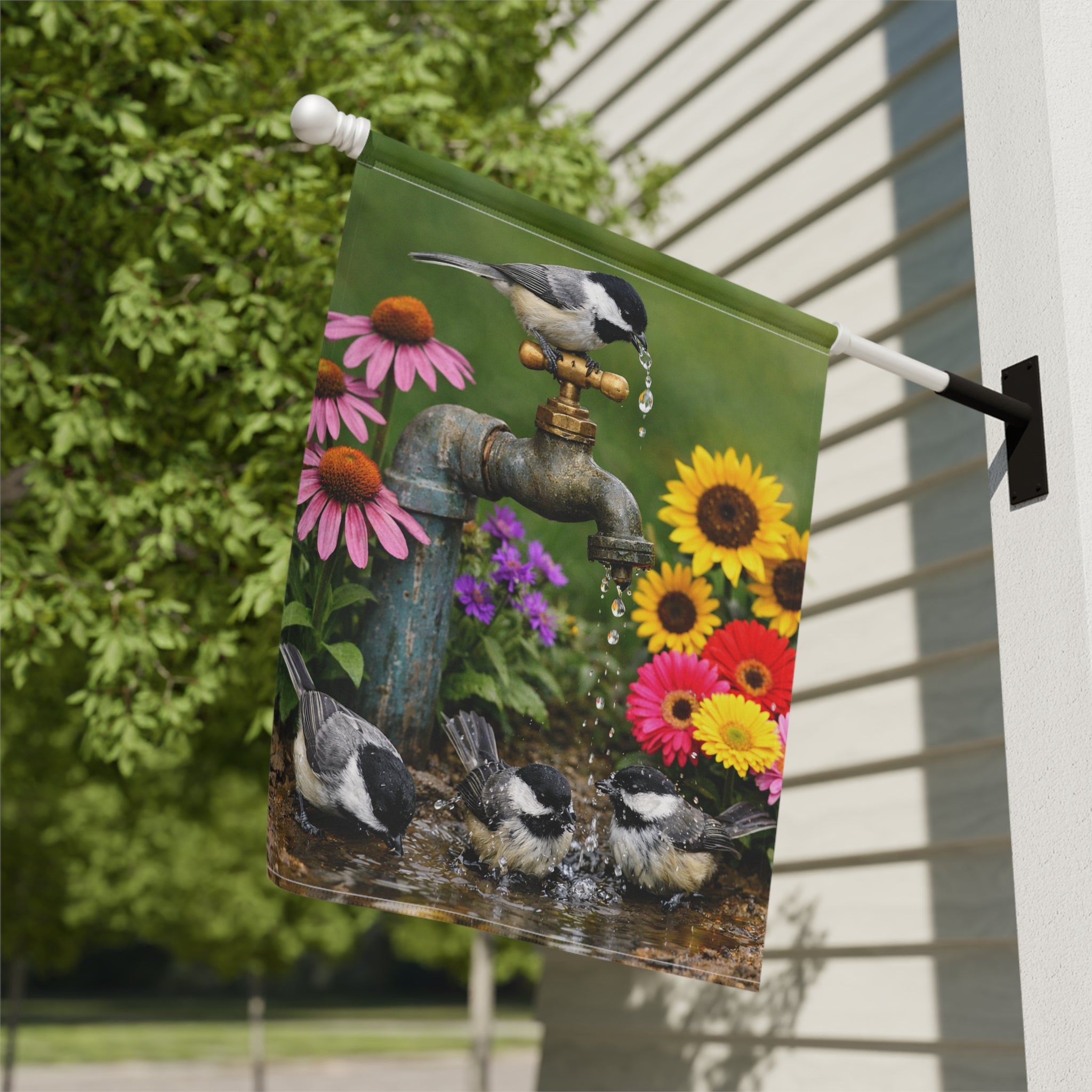 Chickadee Birds on Faucet Garden Flag