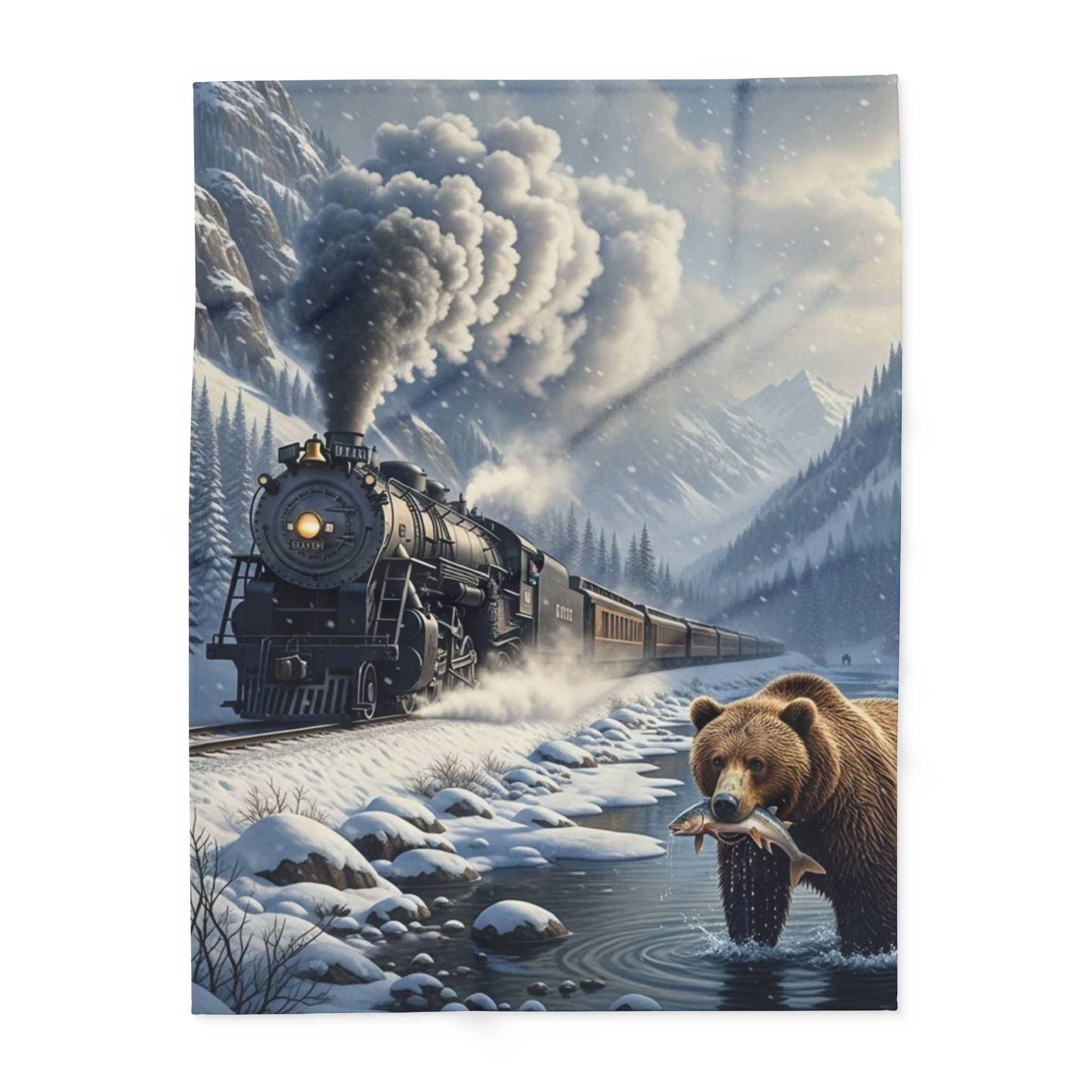 Bear Catching Salmon, Fleece Blanket | Steam Train Winter Landscape