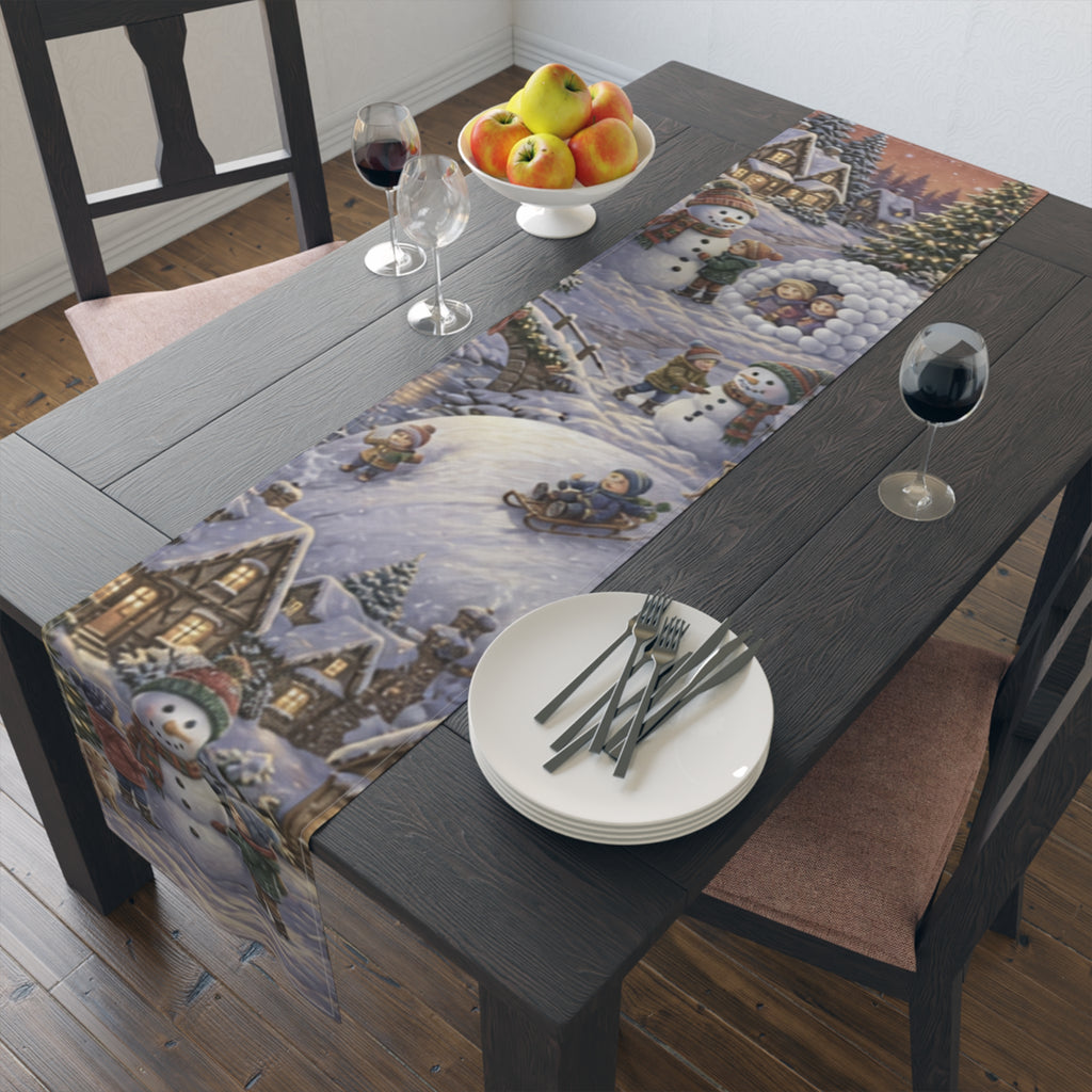 Storybook Snowman Village Table Runner, Winter Wonderland Cotton Poly