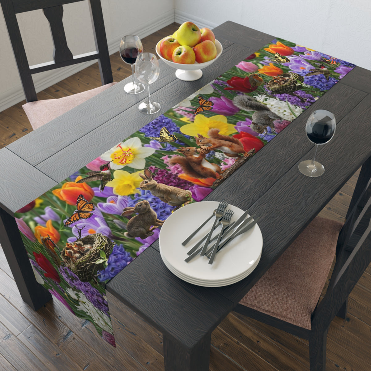Spring Garden Birds Table Runner | Floral Tulip & Daffodil Dining Decor