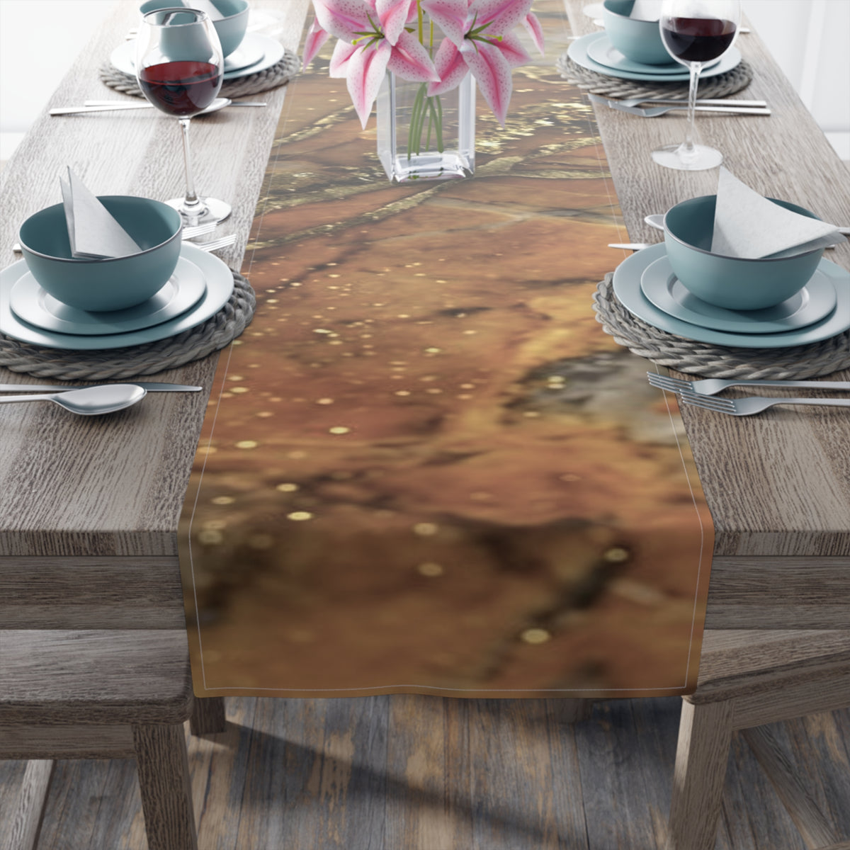 Rust Marble with Gold Veins Table Runner | Elegant Marble Pattern Home Decor