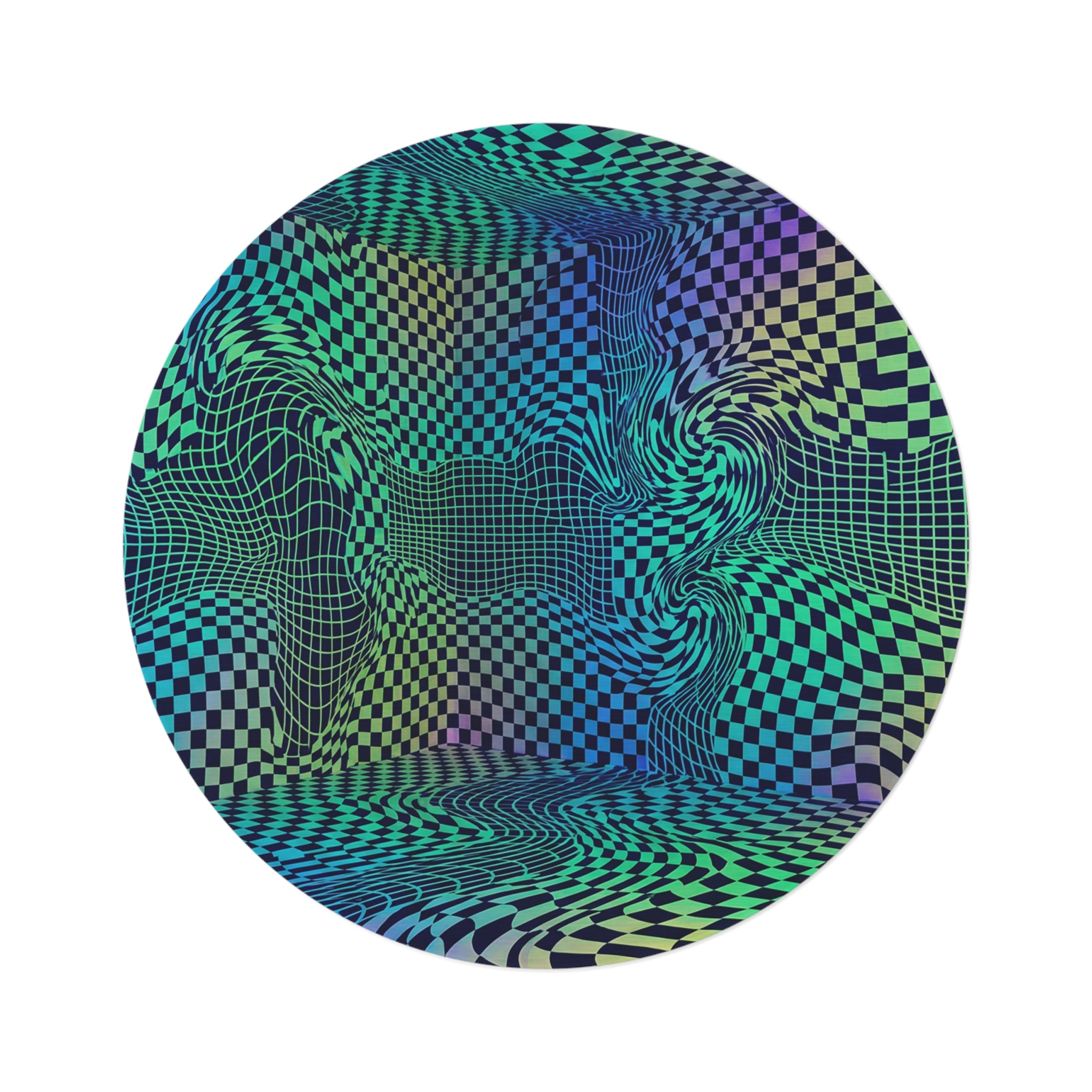 Psychedelic Checkered Warp Round Rug | Optical Illusion Floor Mat