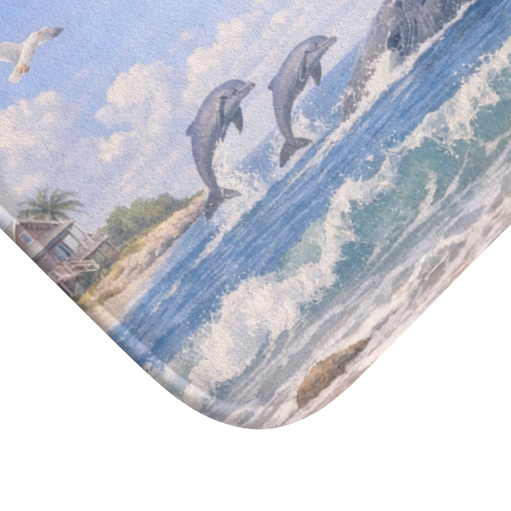 Lighthouse and Dolphins Bath Mat | Coastal Ocean Wave Scene