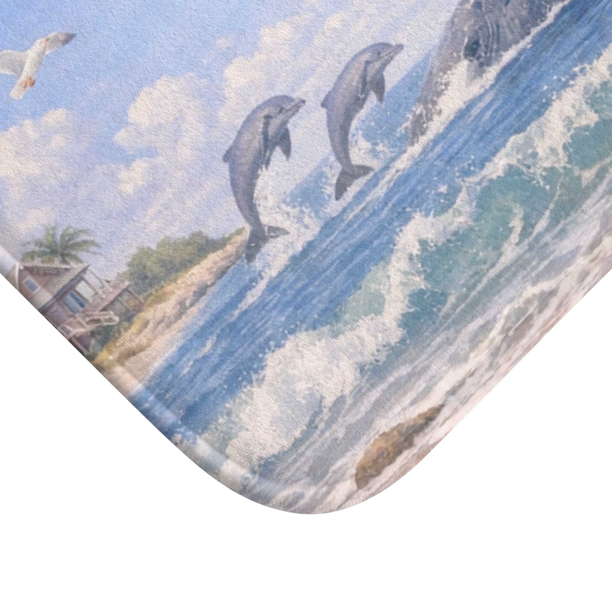 Lighthouse and Dolphins Bath Mat | Coastal Ocean Wave Scene