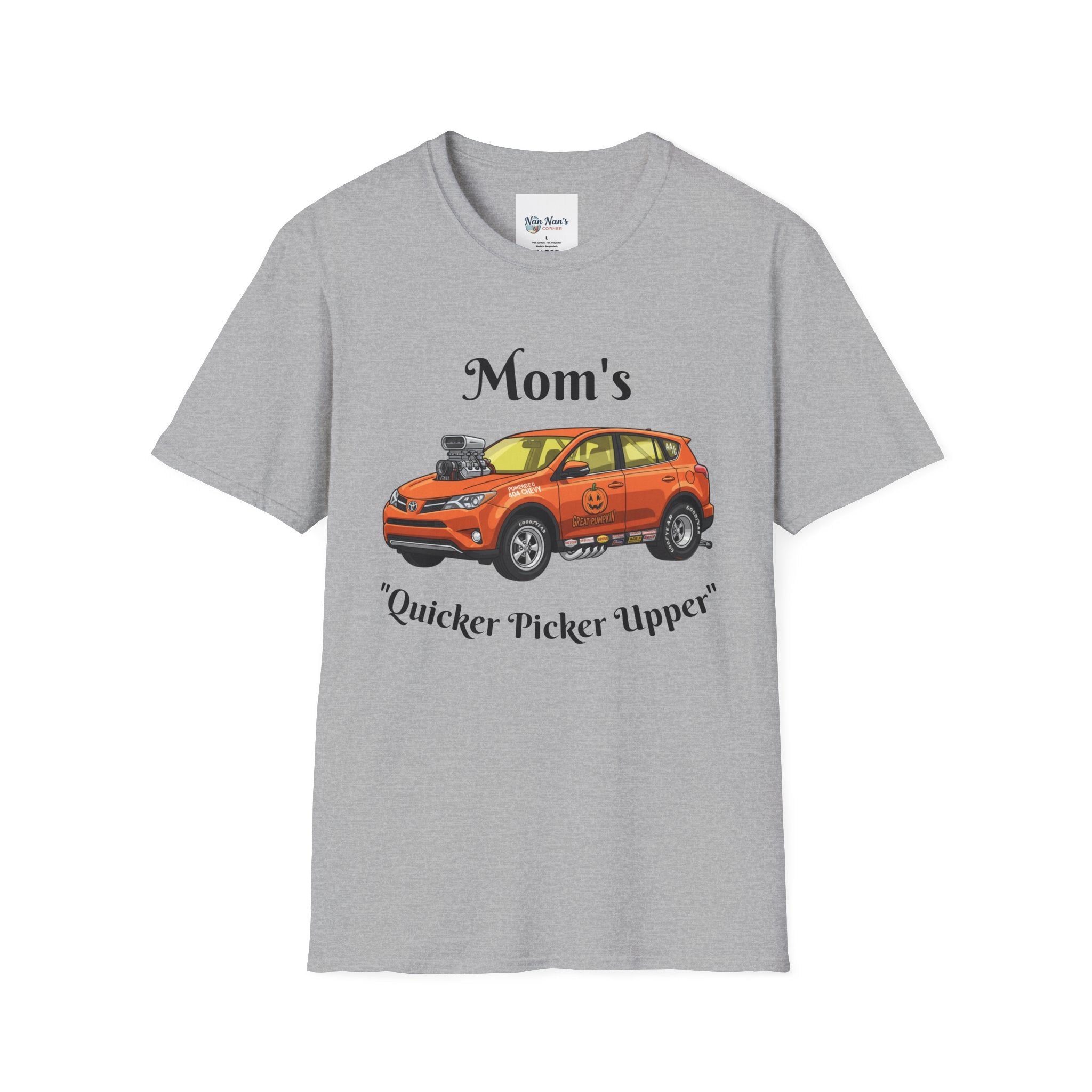 Car Enthusiast T-Shirt — Orange Hot Rod SUV Graphic with “Quicker Picker Upper”