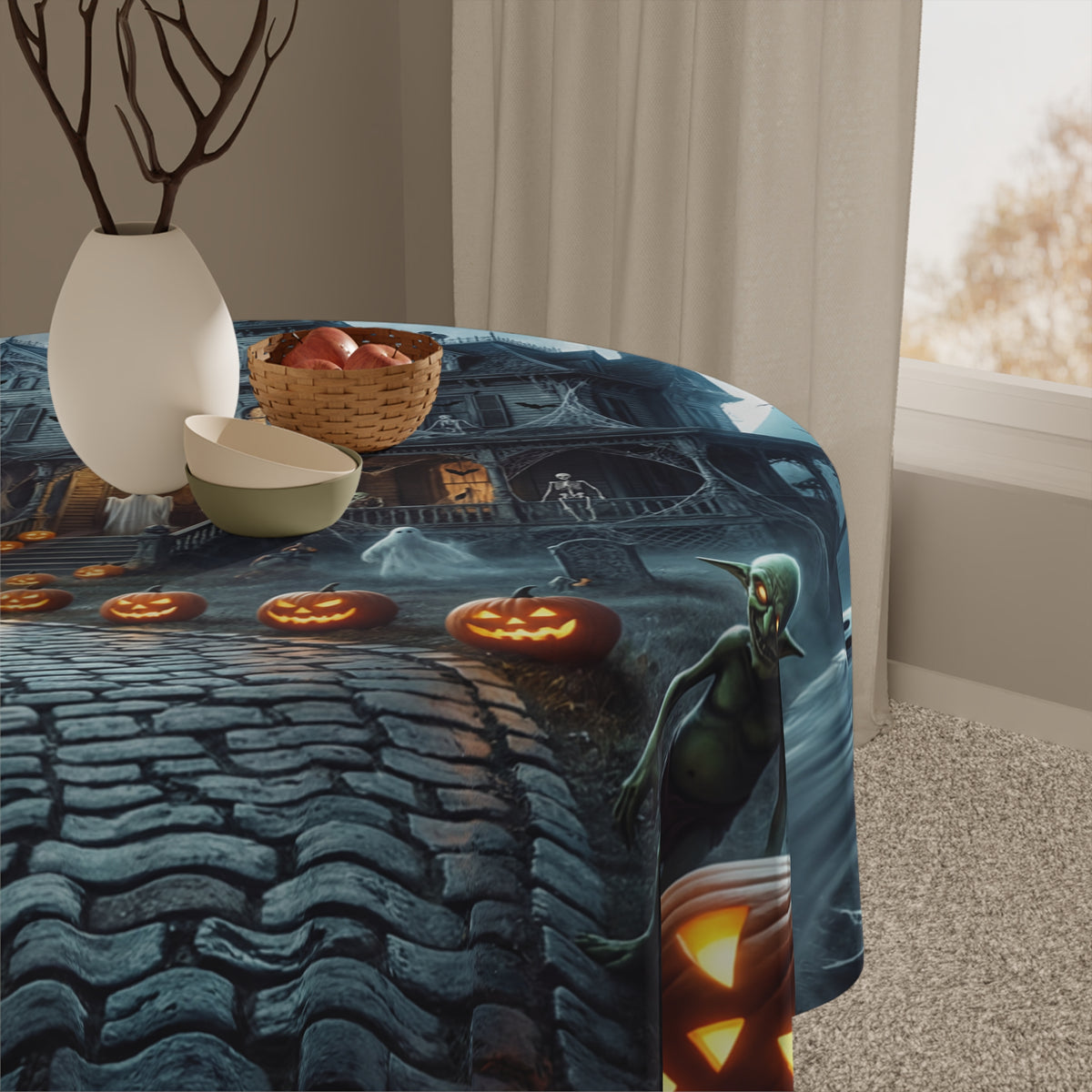 Haunted House Halloween Tablecloth | Moonlit Jack-O'-Lanterns & Drifting Ghosts