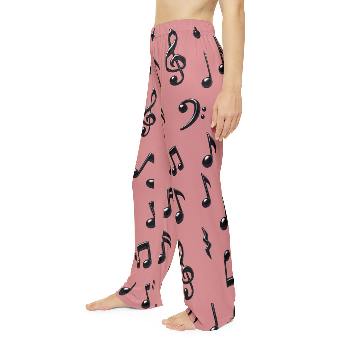 Black Music Notes Pattern Pajama Pants | Women's Pink All-Over Print