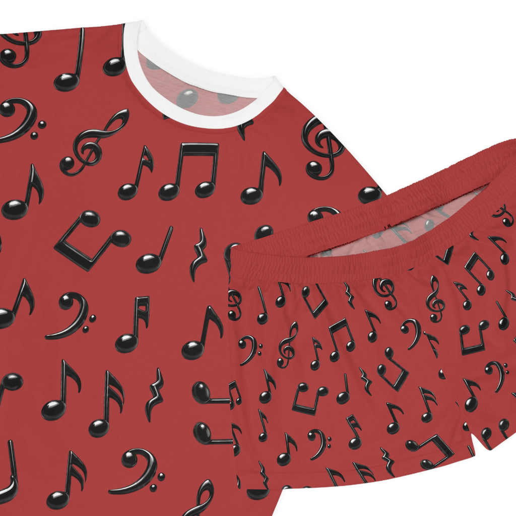 Women's Music Notes Pajama Set — Red Short Sleepwear