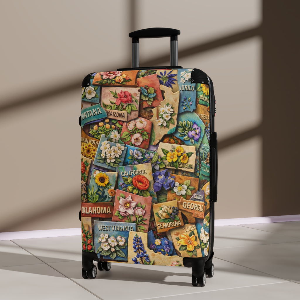 USA State Map Collage with State Flowers Suitcase