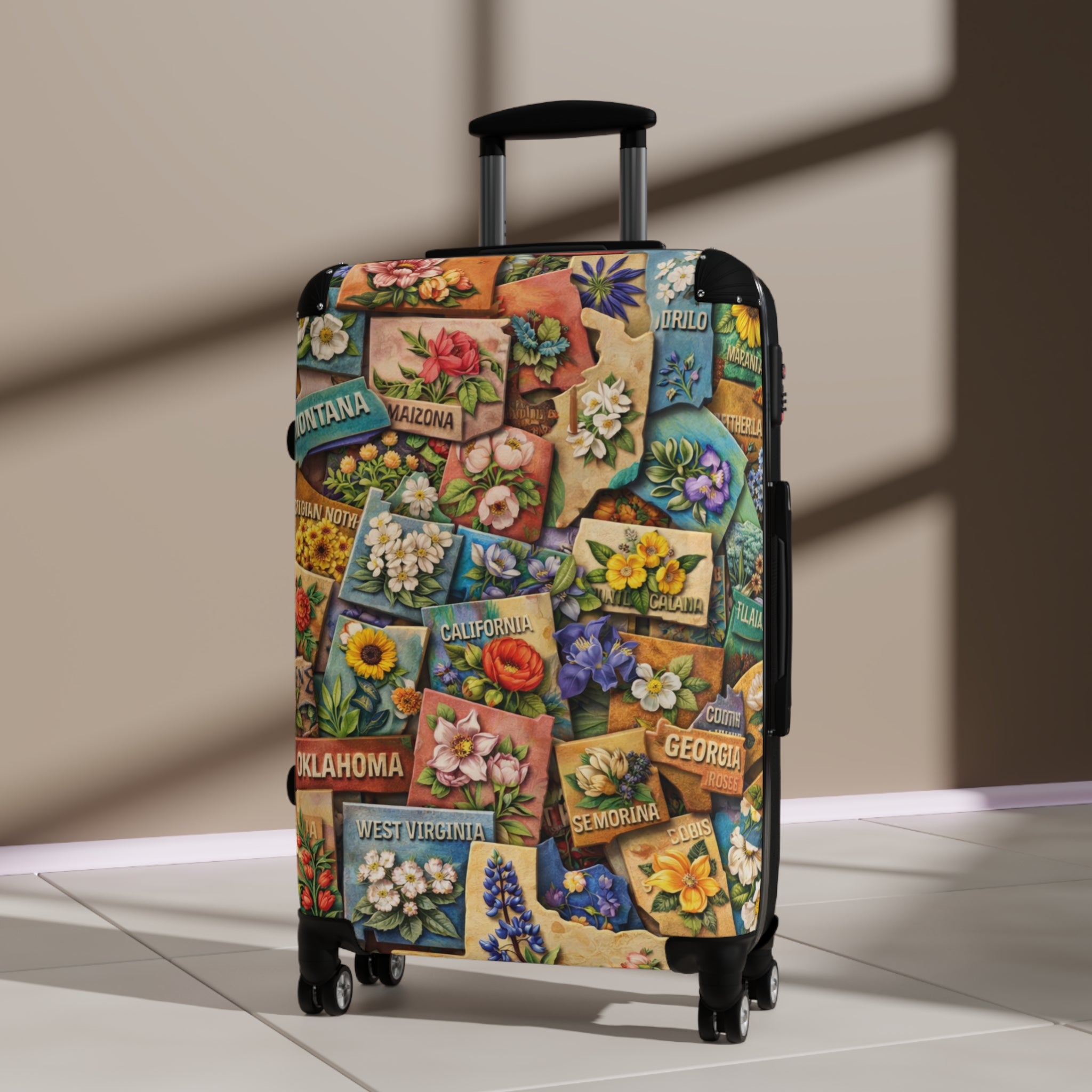 USA State Map Collage with State Flowers Suitcase