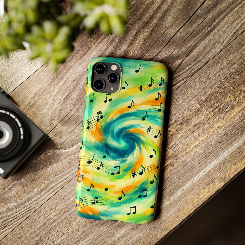 Music Notes Swirl Slim Phone Case | Colorful Turquoise Yellow Galaxy