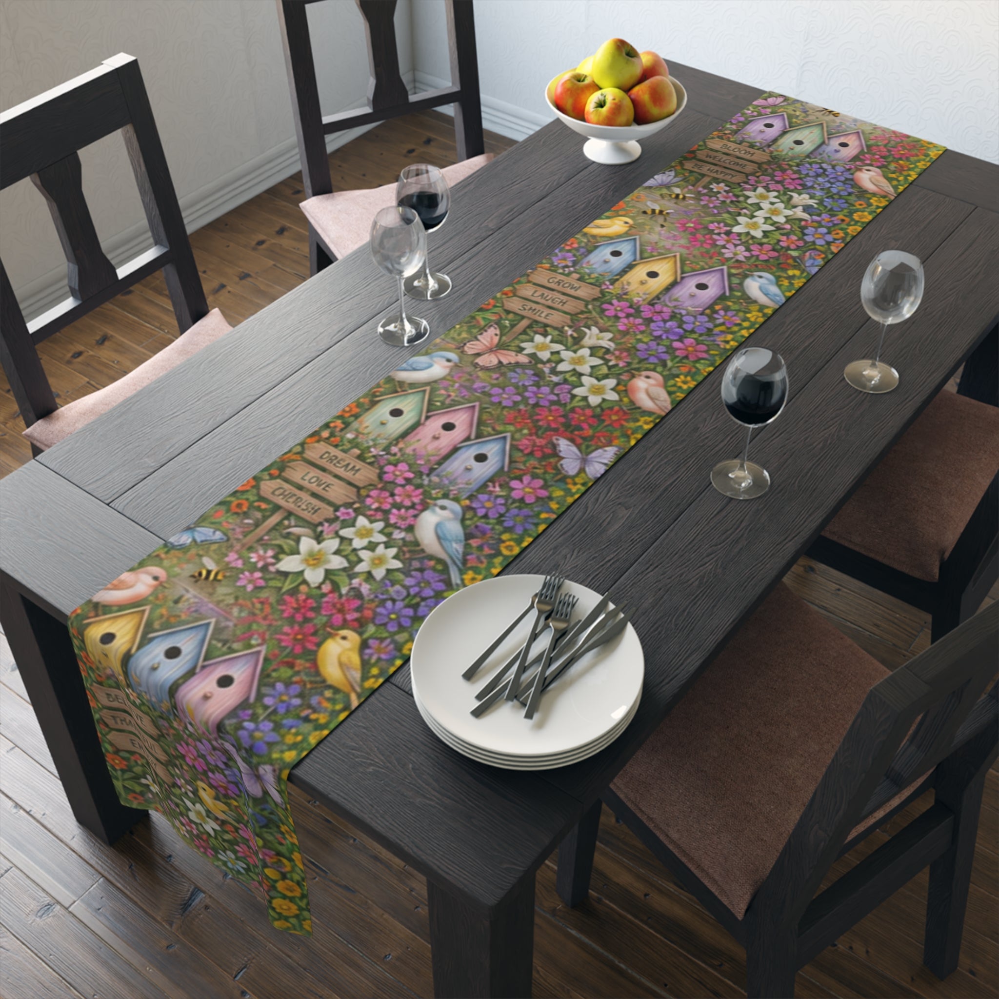 Floral Garden Birds Bees Butterflies Table Runner