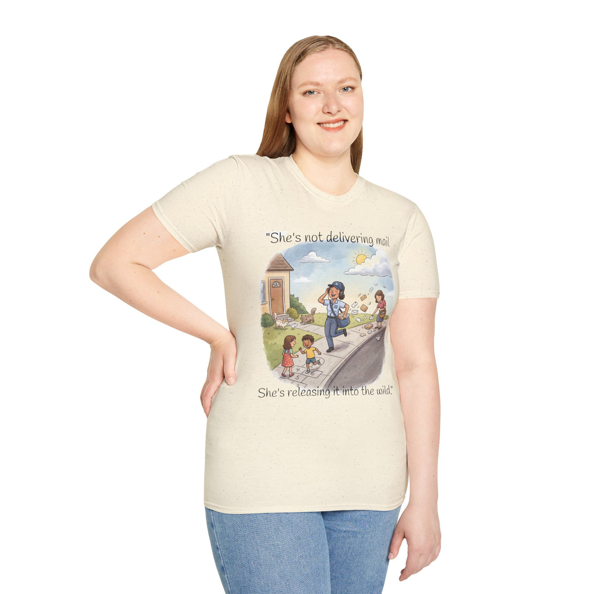 T‑Shirt – "She’s not delivering mail, she’s delivering a little wind" Cute Postal Worker Illustration Tee