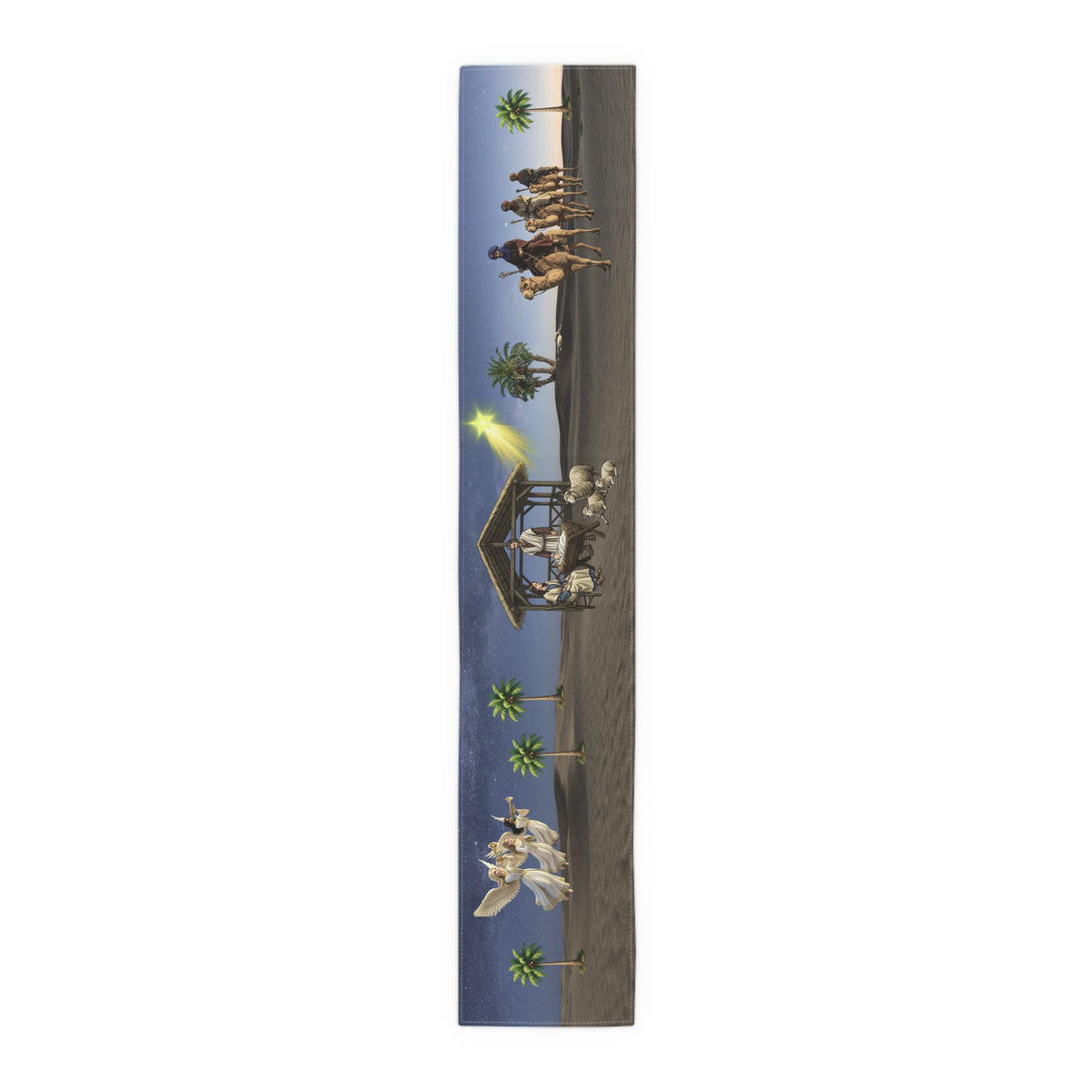 Nativity Scene Table Runner | Christmas Holy Family with Angels & Palm Trees