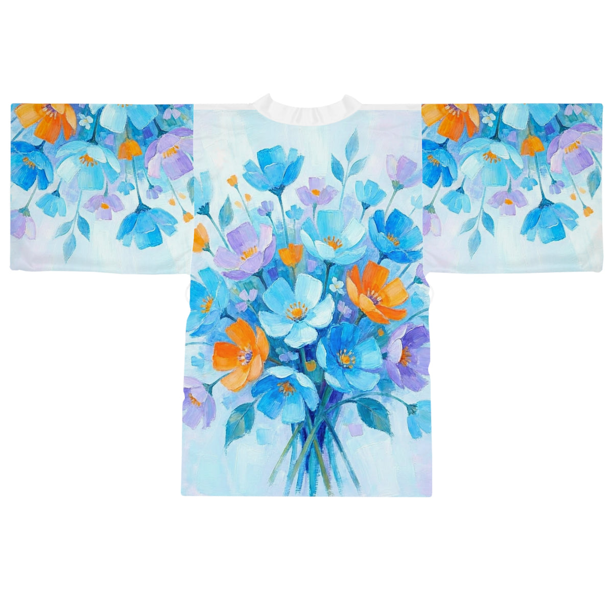 Blue & Orange Floral Kimono Robe - Watercolor Flowers