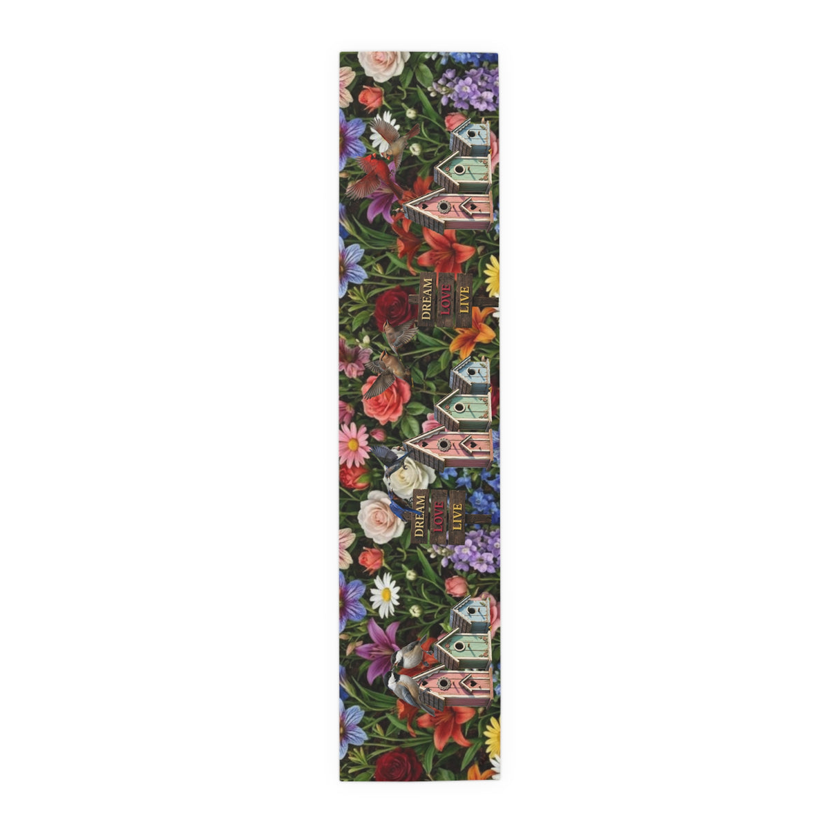 Floral Garden Birds Table Runner | Cottage Garden Birdhouse & Floral Decor