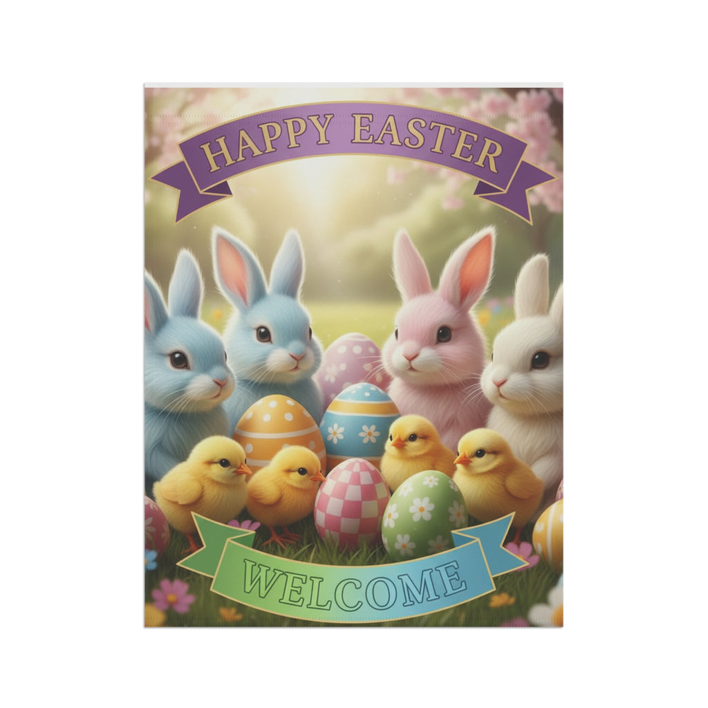Happy Easter Welcome Garden Flag | Easter Bunnies, Chicks & Painted Eggs