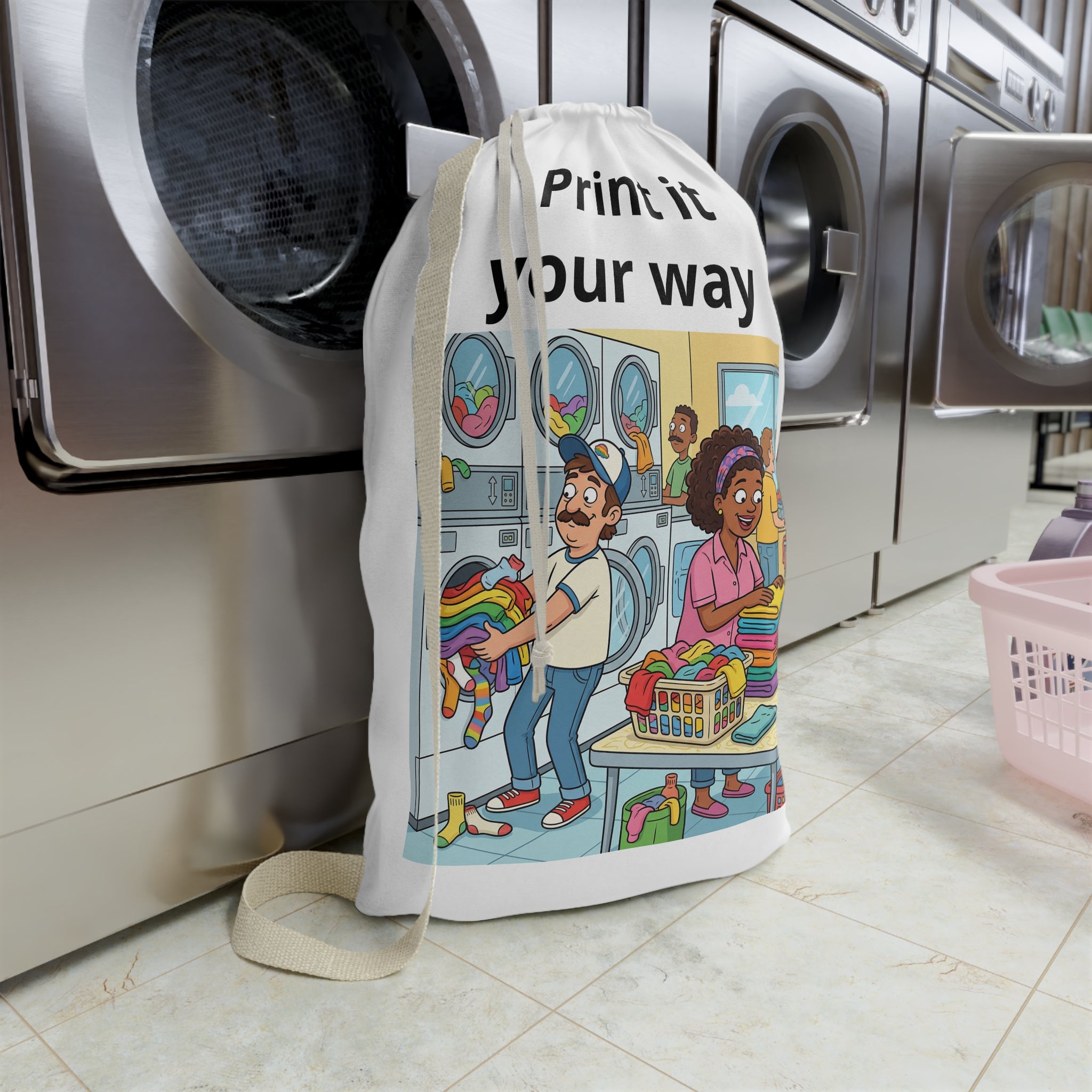 Laundry Day Illustration Laundry Bag | Cartoon Laundromat Print