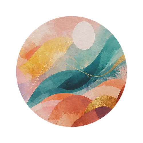 Abstract Sunset Waves Round Rug | Boho Coastal Art Floor Mat