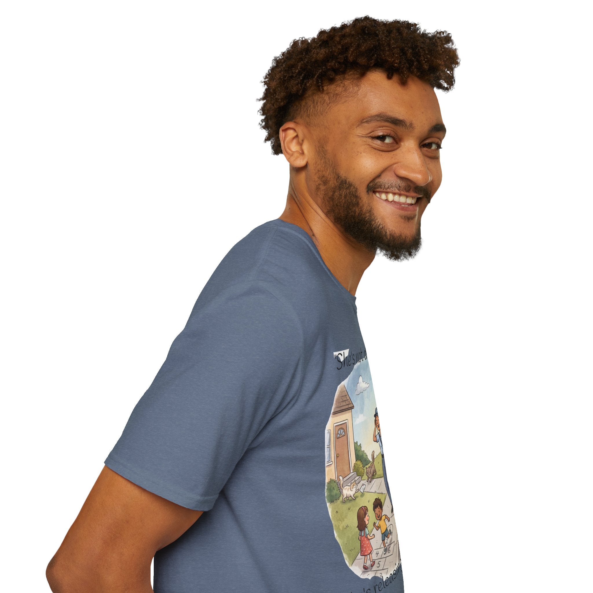T‑Shirt – "She’s not delivering mail, she’s delivering a little wind" Cute Postal Worker Illustration Tee