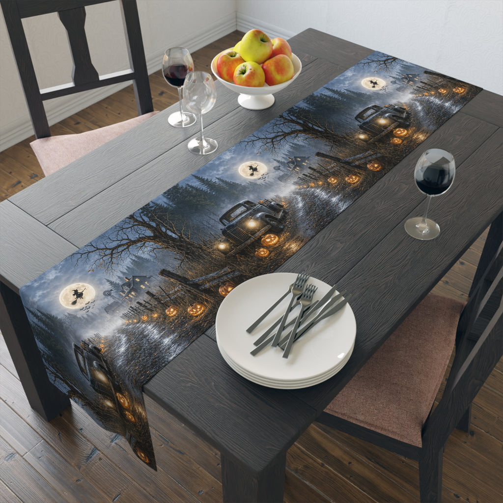 Spooky Truck Halloween Table Runner | Pumpkin Lined Road, Full Moon