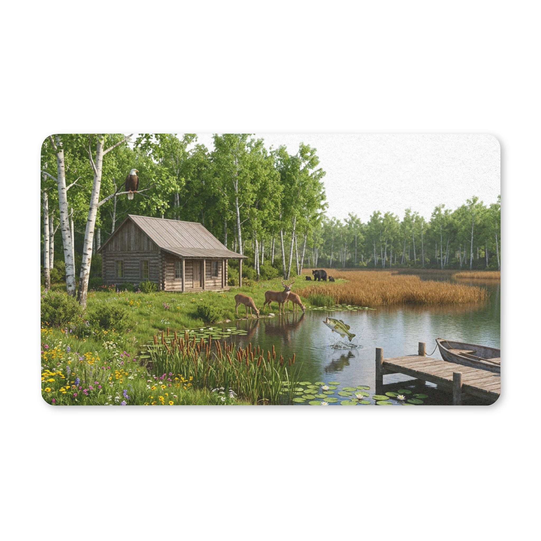 Lakeside Cabin Landscape Doormat | Rustic Pond House Welcome Mat