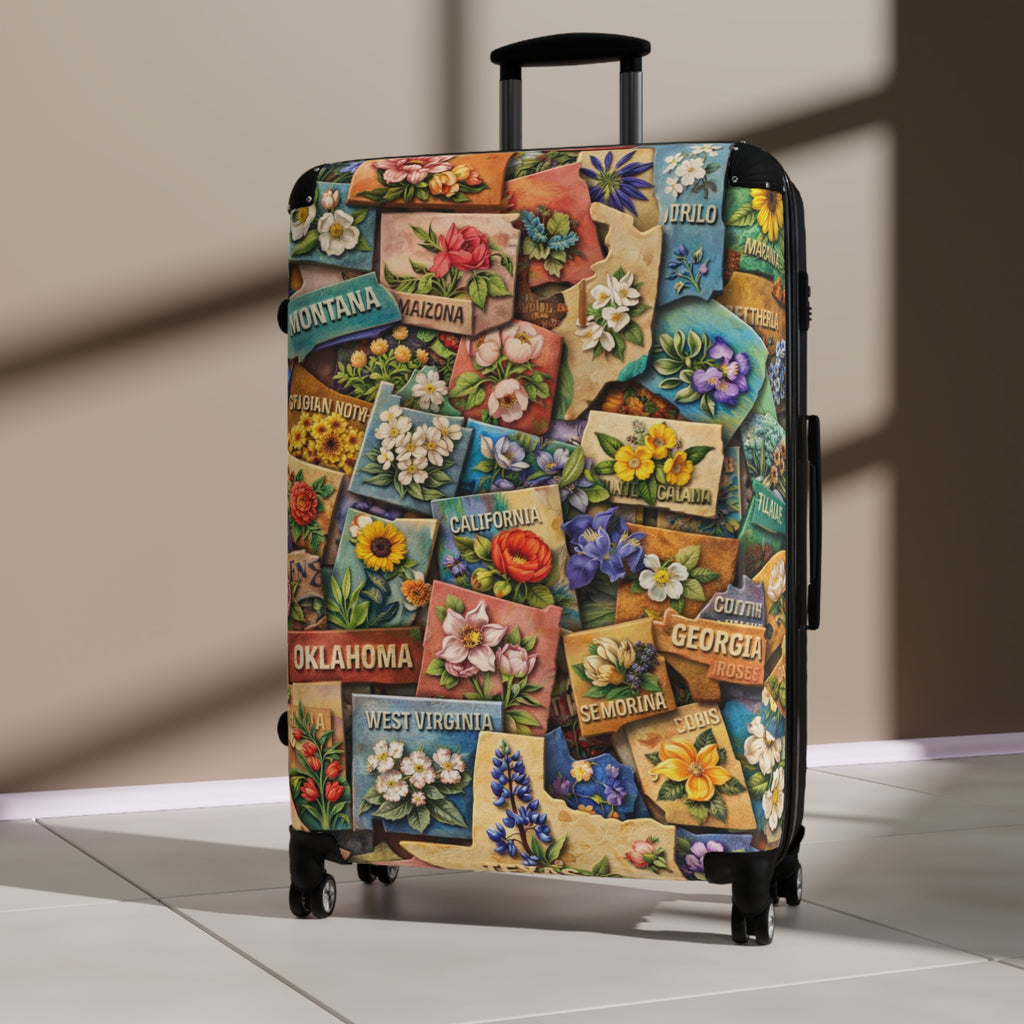 USA State Map Collage with State Flowers Suitcase