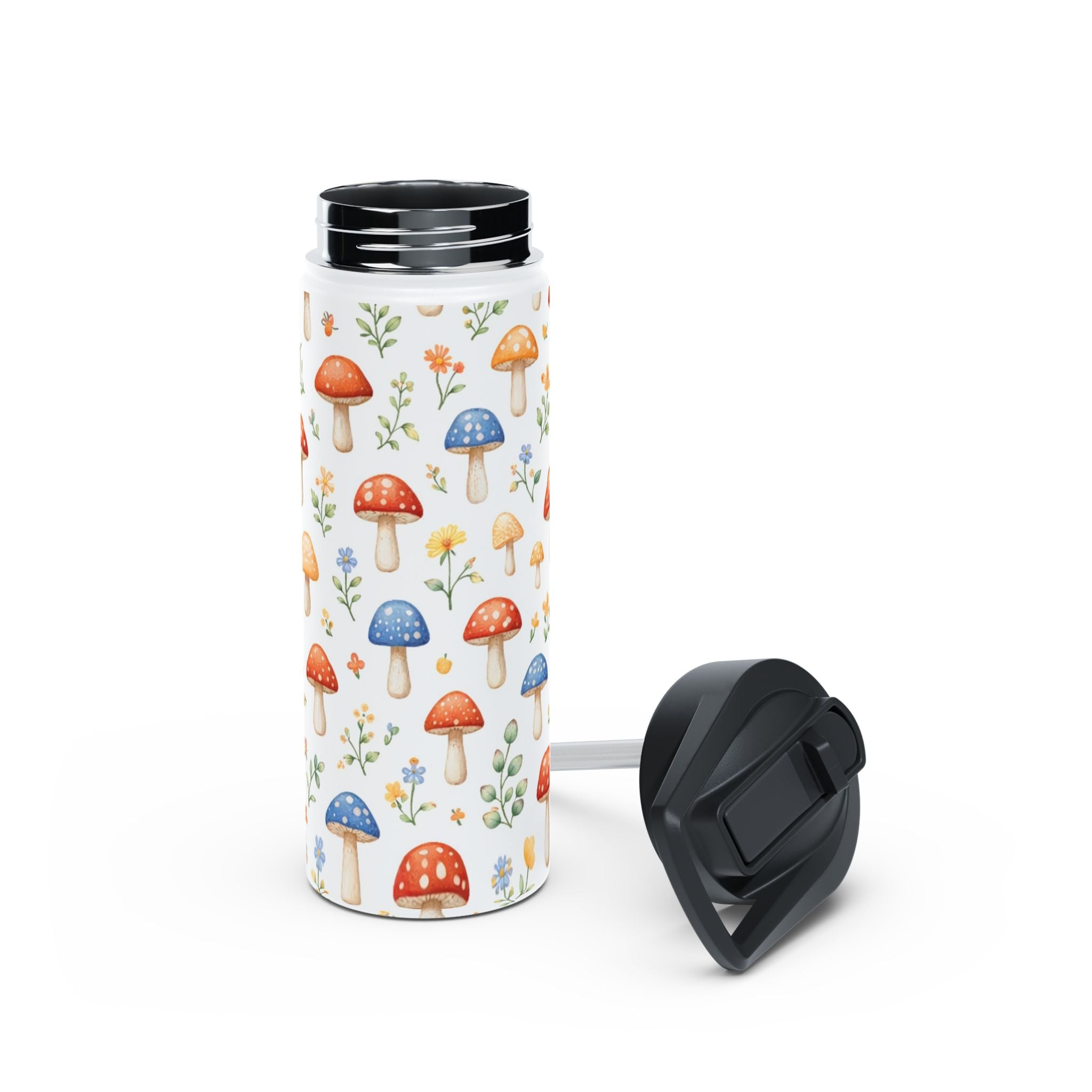 Watercolor Mushroom Pattern Stainless Steel Water Bottle | Floral Doodle