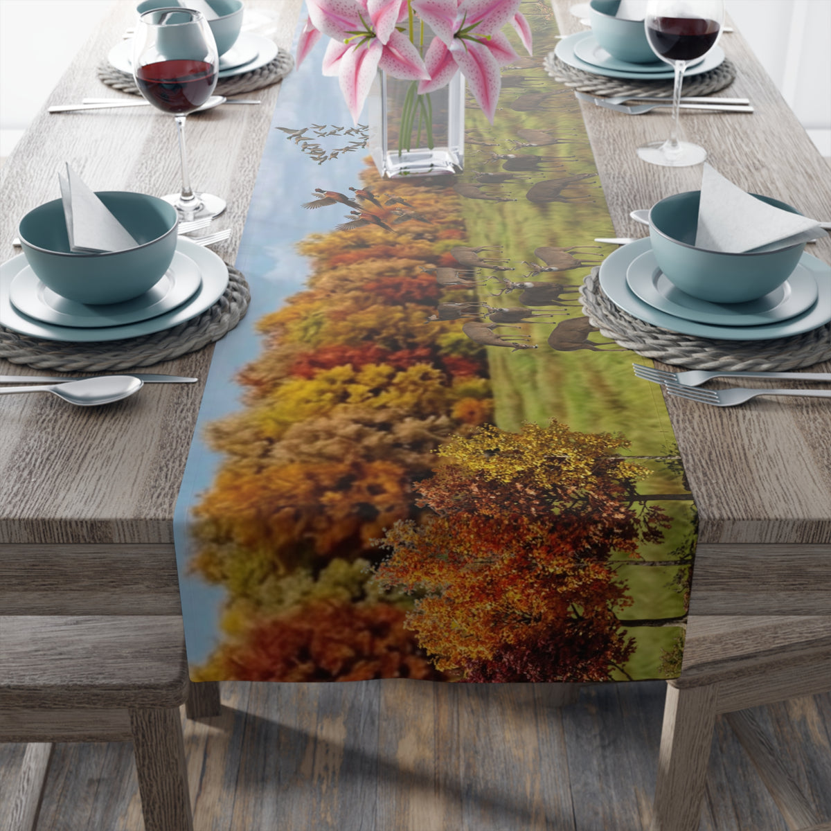 Fall Deer Table Runner | Autumn Wildlife Dining Decor (Cotton & Poly)