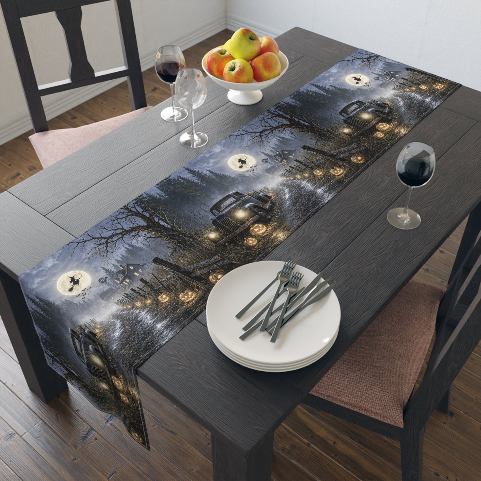 Spooky Truck Halloween Table Runner | Pumpkin Lined Road, Full Moon