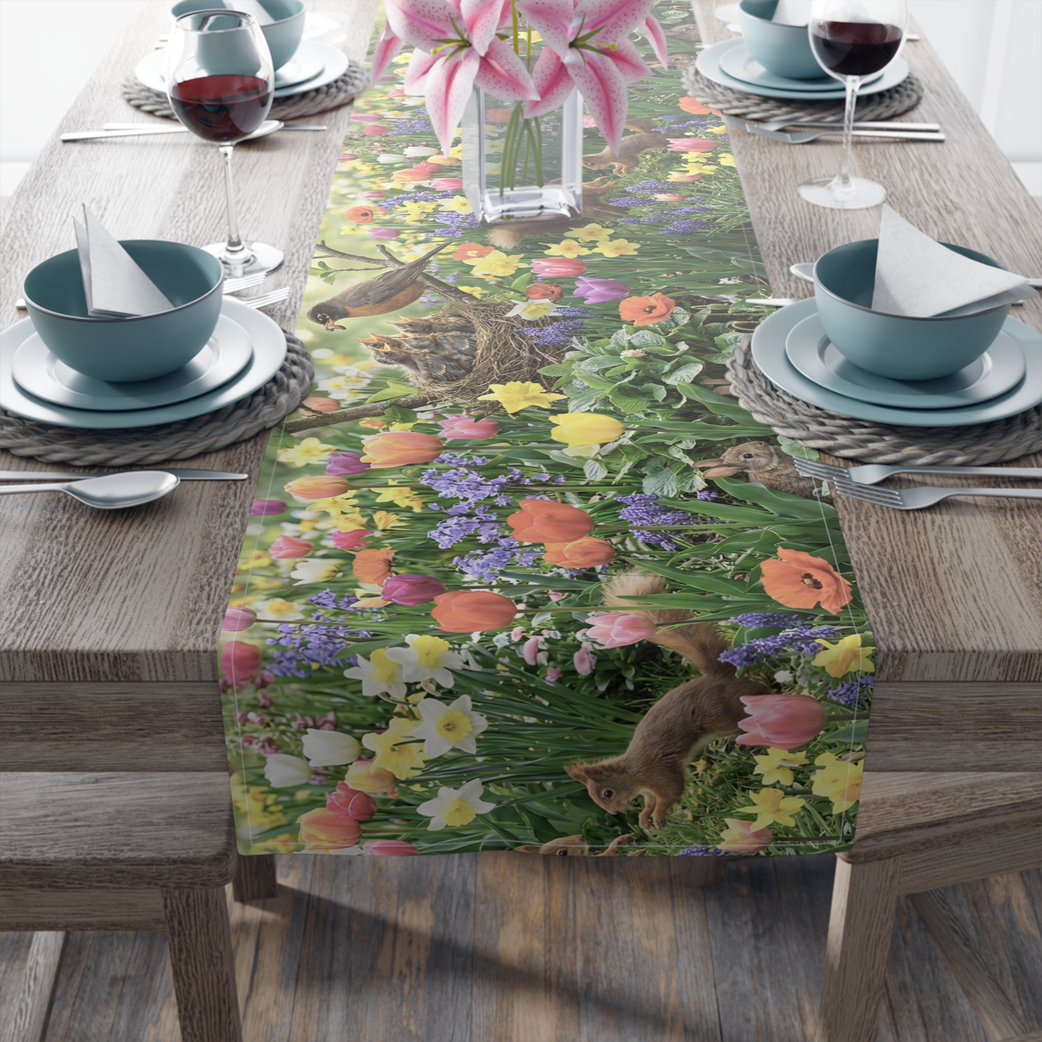 Spring Garden Birds Table Runner / Floral Tulip & Daffodil Dining Decor