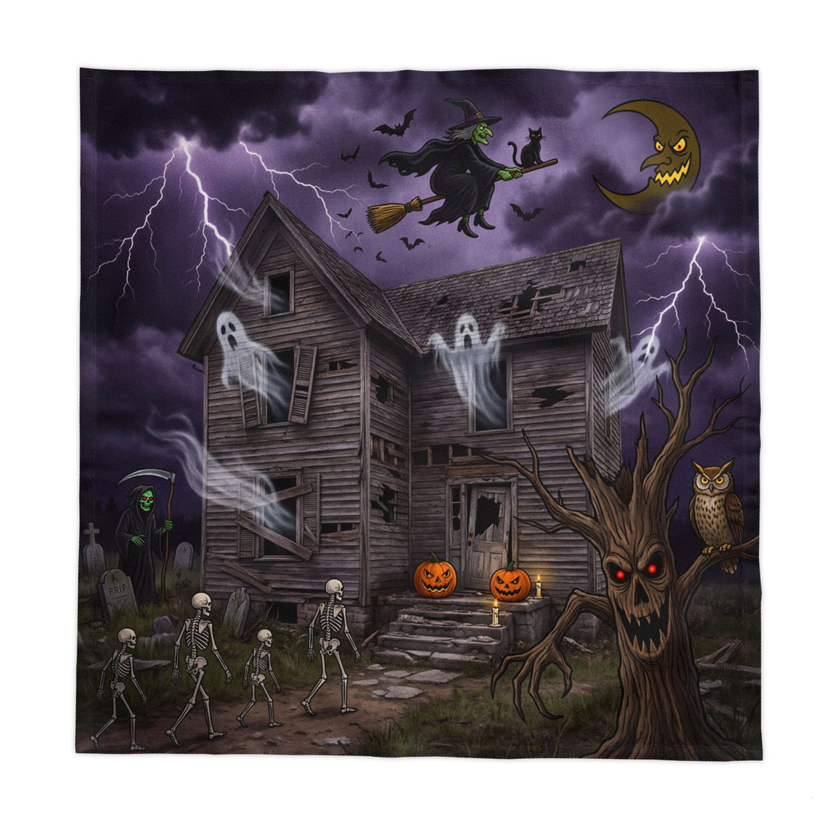 Haunted House Tablecloth | Dancing Skeletons, Ghosts & Jack-O'-Lanterns – Halloween Cotton Twill