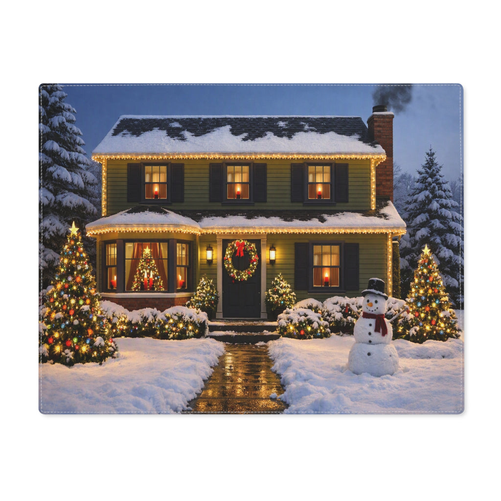 Cozy Snowy House Christmas Placemat | Holiday Winter Scene, Snowman