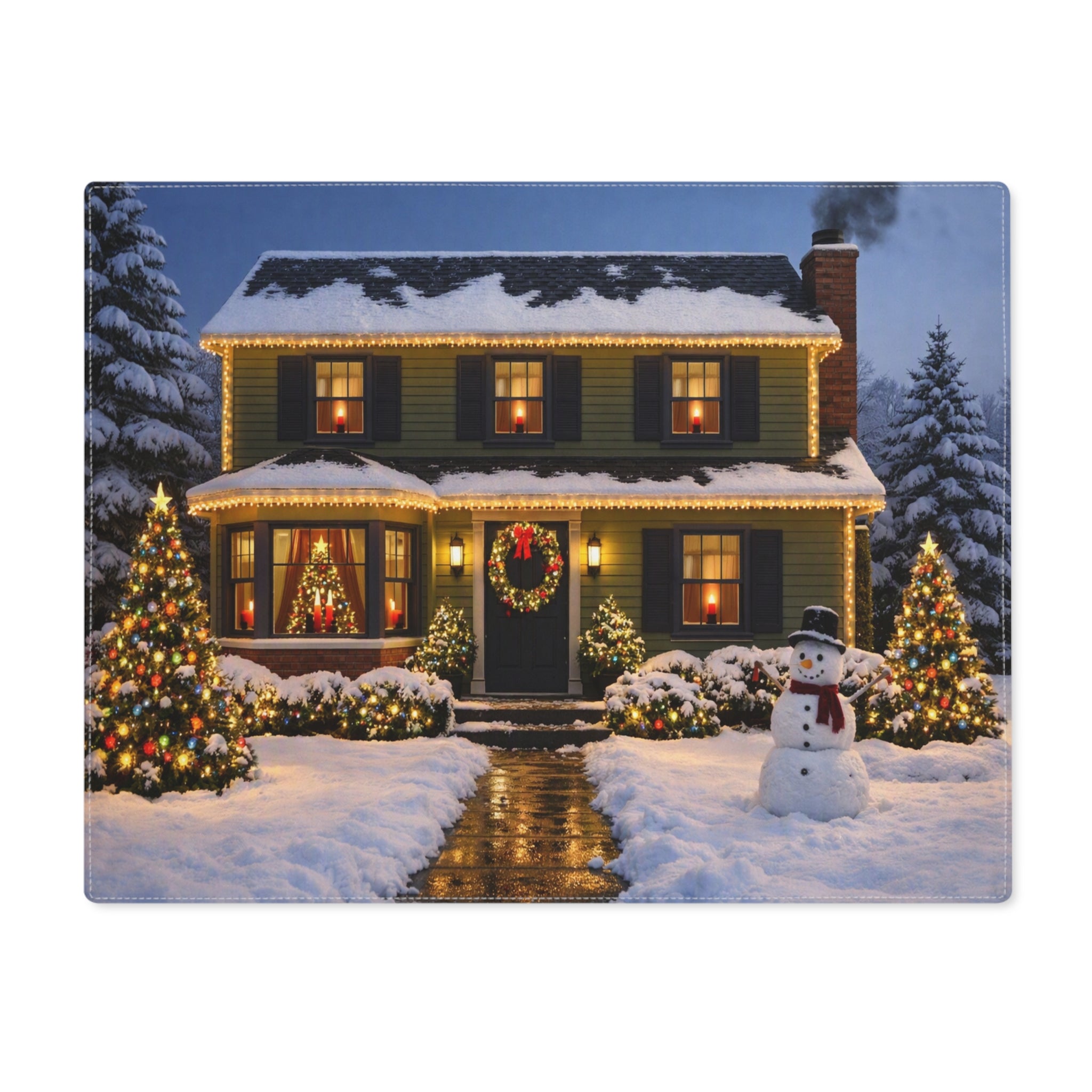Cozy Snowy House Christmas Placemat | Holiday Winter Scene, Snowman