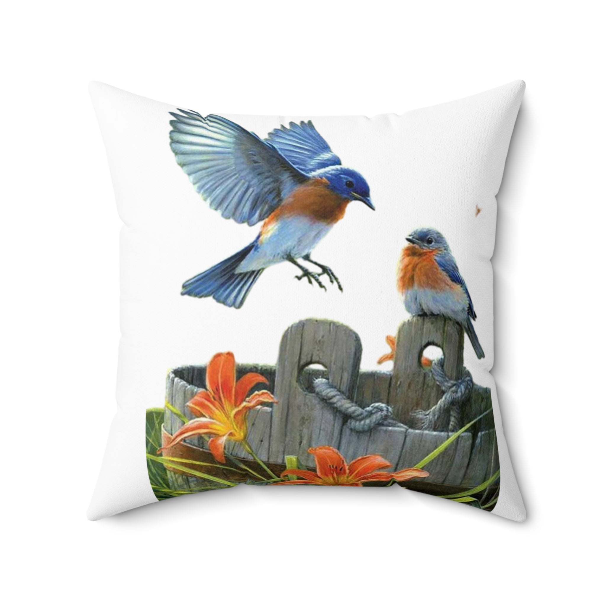 Bluebird Decorative Pillow / Garden Birds & Orange Lily Floral Throw Pillow