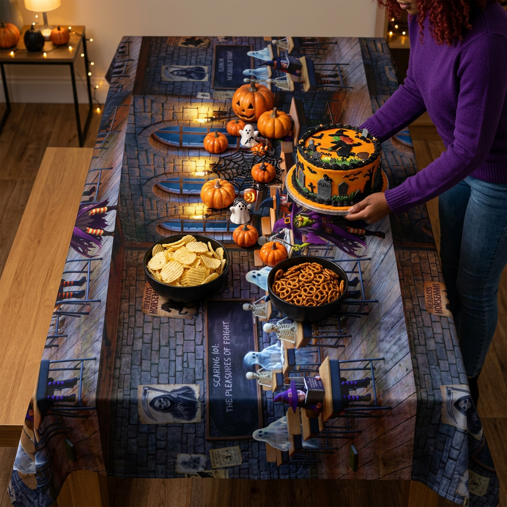 Halloween Classroom Scene Tablecloth – Spooky Ghosts & Pumpkins Table Cover