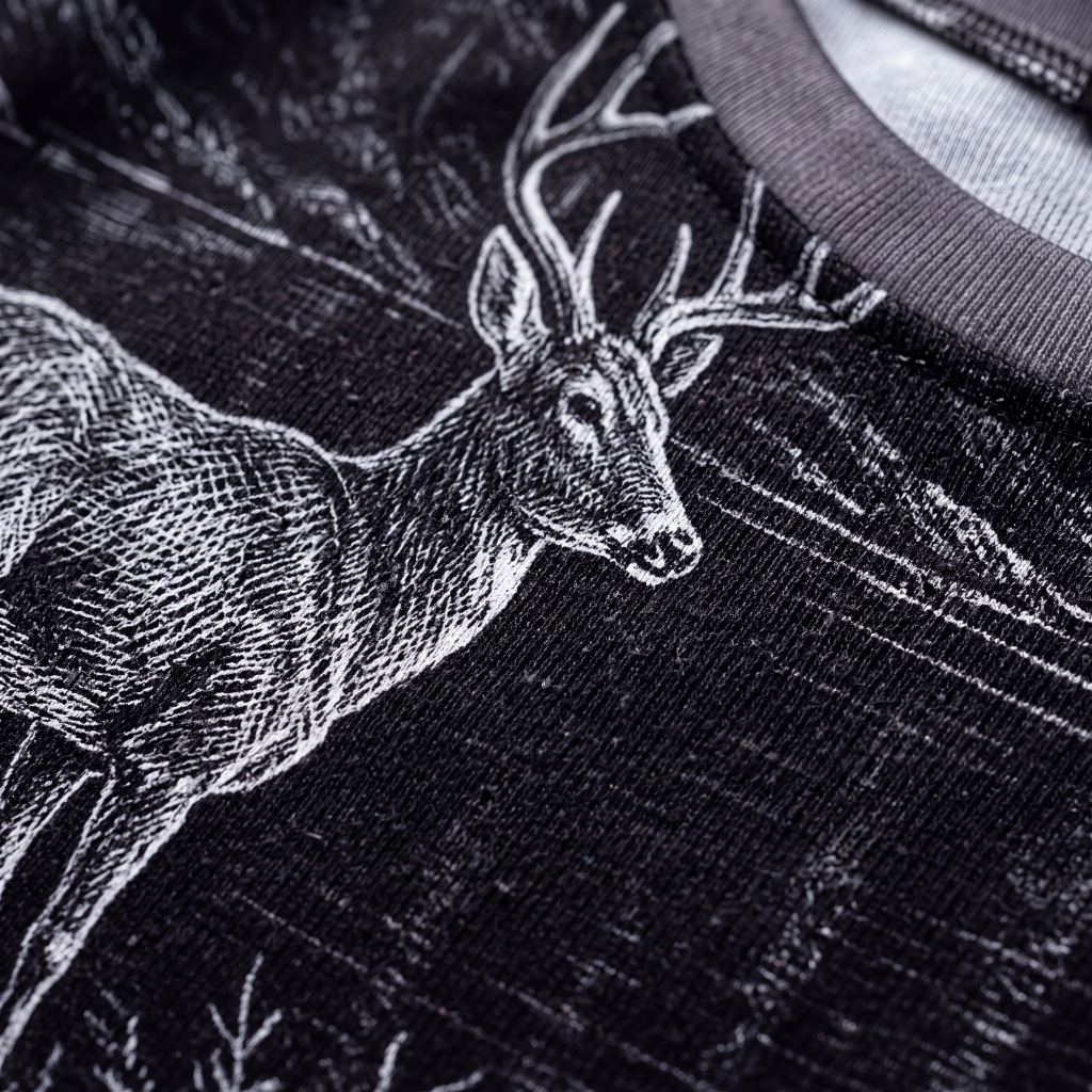 Mountain Lake Deer Illustration Long Sleeve Shirt | Night Wilderness Scene